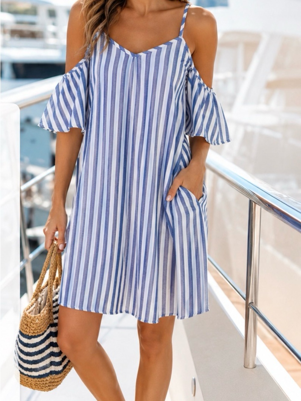 Blue & White Striped Cold-Shoulder Sundress